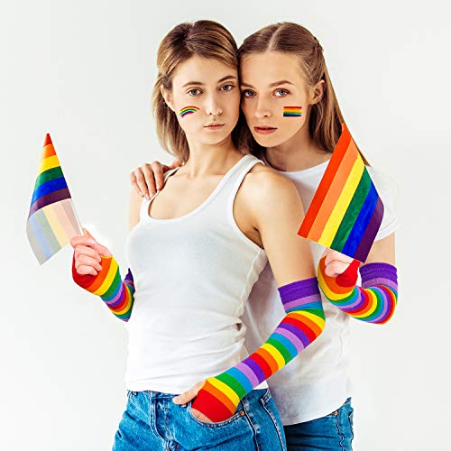 Whaline Calzini alti al ginocchio spessi arcobaleno a righe guanti scaldamani con 30 tatuaggi Gay Pride per donne e ragazze, accessori per feste, decorazione parata, colore arcobaleno, M - immagine 7
