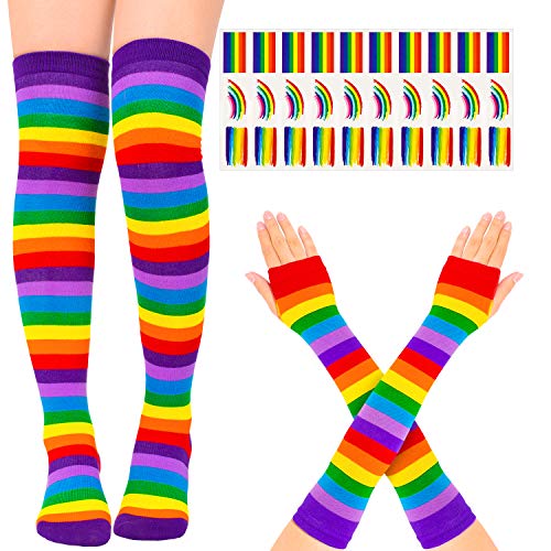 Whaline Calzini alti al ginocchio spessi arcobaleno a righe guanti scaldamani con 30 tatuaggi Gay Pride per donne e ragazze, accessori per feste, decorazione parata, colore arcobaleno, M