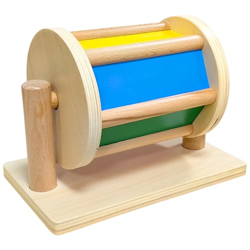 YATOSEEN Giocattolo Tamburo Rotante, Giocattoli Montessori in legno per Bambini, Giocattoli Sensoriali, Giocattolo Rotante Color Arcobaleno con Specchio e Campanello