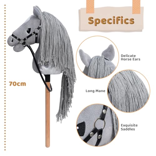 BEJOY Cavallo di peluche per cavallo, per hobby, cavallo in legno, per equitazione, per bambini, con cavezza e corda, colore: grigio/bianco - immagine 3