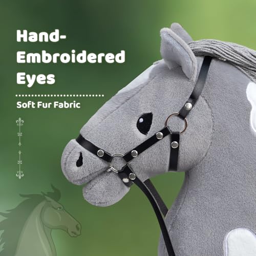 BEJOY Cavallo di peluche per cavallo, per hobby, cavallo in legno, per equitazione, per bambini, con cavezza e corda, colore: grigio/bianco - immagine 4