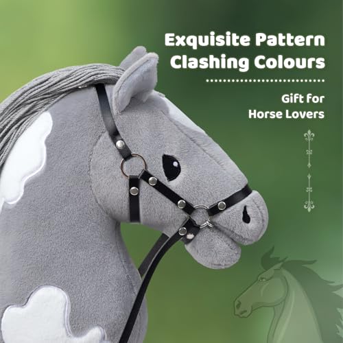BEJOY Cavallo di peluche per cavallo, per hobby, cavallo in legno, per equitazione, per bambini, con cavezza e corda, colore: grigio/bianco - immagine 5