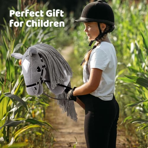 BEJOY Cavallo di peluche per cavallo, per hobby, cavallo in legno, per equitazione, per bambini, con cavezza e corda, colore: grigio/bianco - immagine 8