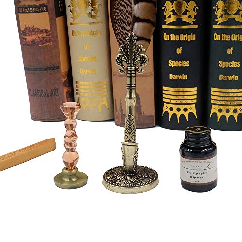 GC QUILL Penna Piuma Stilografica Set Vintage Penna con 5 pennini, Porta Penne, Timbro Sigillo per Scrittura Calligrafica GC LL-66 - immagine 4