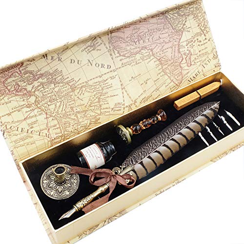 GC QUILL Penna Piuma Stilografica Set Vintage Penna con 5 pennini, Porta Penne, Timbro Sigillo per Scrittura Calligrafica GC LL-66