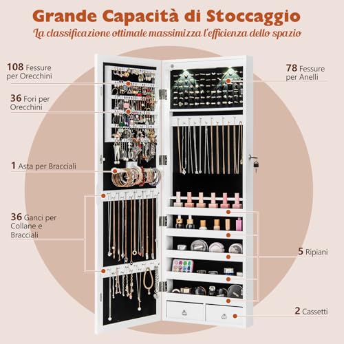 GYMAX Armadietto Portagioie con Specchio, Specchiera Portagioielli Sospesa, con 2 Luci a LED, Ampio Spazio di Archiviazione, di Legno, 108x37x9,5 cm - immagine 4