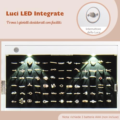 GYMAX Armadietto Portagioie con Specchio, Specchiera Portagioielli Sospesa, con 2 Luci a LED, Ampio Spazio di Archiviazione, di Legno, 108x37x9,5 cm - immagine 5