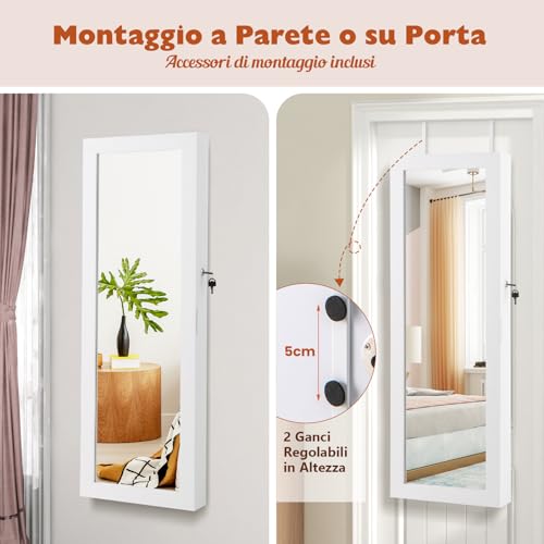 GYMAX Armadietto Portagioie con Specchio, Specchiera Portagioielli Sospesa, con 2 Luci a LED, Ampio Spazio di Archiviazione, di Legno, 108x37x9,5 cm - immagine 6