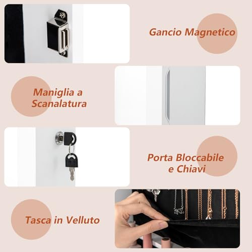 GYMAX Armadietto Portagioie con Specchio, Specchiera Portagioielli Sospesa, con 2 Luci a LED, Ampio Spazio di Archiviazione, di Legno, 108x37x9,5 cm - immagine 7
