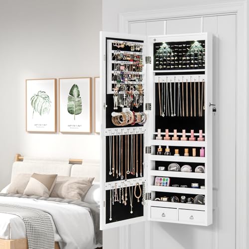 GYMAX Armadietto Portagioie con Specchio, Specchiera Portagioielli Sospesa, con 2 Luci a LED, Ampio Spazio di Archiviazione, di Legno, 108x37x9,5 cm - immagine 8