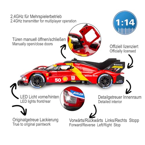 JAMARA Ferrari 499P 1:14 rosso 2,4 GHz porta manuale – licenza ufficiale, interno fedele ai dettagli, verniciatura fedele, parabrezza trasparente, luce LED, auto RC - immagine 5