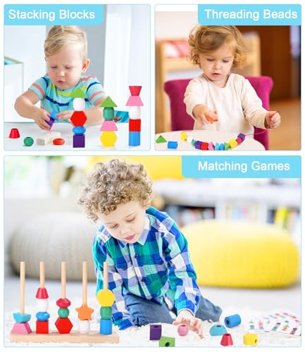LEAZZLE Giochi Legno Bambini,2-in-1 Montessori Giocattoli Impilabili und Infilare, Giochi Bambino Forme Colori Geometriche Ordinamento Giocattolo,Giochi Educativi Regalo per Bebè Bambini 3 4 5 Anni - immagine 12