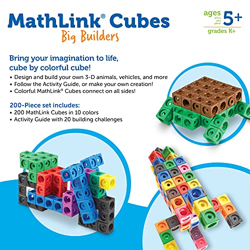 Learning Resources Big Builders MathLink Cubes - Set di Costruzione Educativo, 200 Pezzi, Colori e Forme Varie, Sviluppo Abilità Matematiche e Motorie per Bambini di 5+ Anni - immagine 8