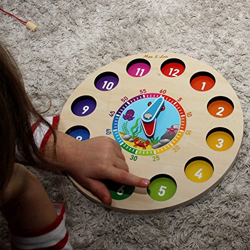 Max & Lea-Clockboard Imparare a Leggere l'ora, Giochi Legno, Magnetico per la Pesca, educativo, Giocattolo per Migliorare Le capacità motorie, Bambini da 1 a 6 Anni, Colore Marrone, 24 cm x 24 cm - immagine 10
