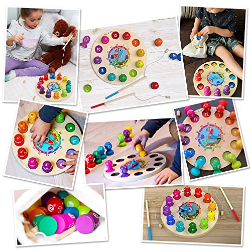 Max & Lea-Clockboard Imparare a Leggere l'ora, Giochi Legno, Magnetico per la Pesca, educativo, Giocattolo per Migliorare Le capacità motorie, Bambini da 1 a 6 Anni, Colore Marrone, 24 cm x 24 cm - immagine 11