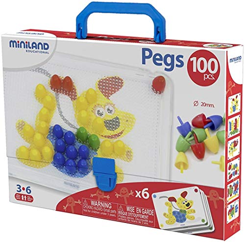 Miniland 8231806 - Mosaico Pegs con tavola, 6 fogli, 100 chiodi