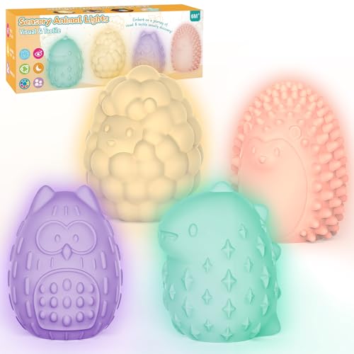 NYOBABE Montessori Giochi Sensoriali 1-6 Anni,Luci Sensoriali Animali -4 Strutture e 7 Luci Colorate,Antistress Giochi Autismo e ADHD,Luce Notturna Bambini,Regali di Giocattoli Montessori per Bambini