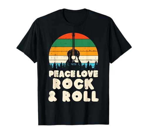 Peace Love Rock N Roll Guitar Retro 80s Hippie Hippi Hippy Maglietta