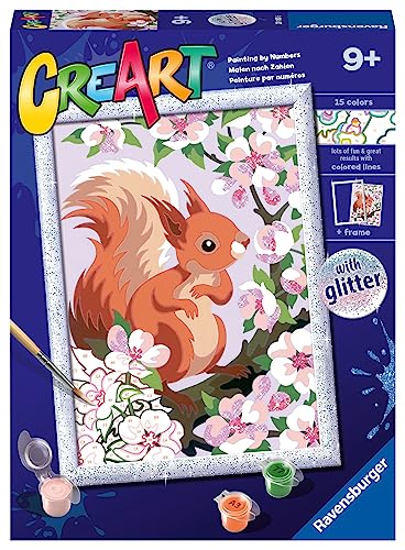 Ravensburger - CreArt: Scoiattolo glitter, Kit per Dipingere con i Numeri, Contiene una Tavola Prestampata, Pennello, Colori e Cornice, Gioco Creativo per Bambini 7+ Anni, Idee regalo