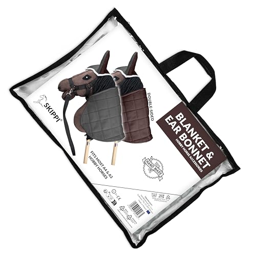 SKIPPI Coperta e Cuffietta per Hobby Horse - Grigio e Marrone, Reversibile Hobby Horse Accessori, Cuffia Bicolore e Coperta Antimosche per Cavallo con Bastone, Hobby Horsing - immagine 8