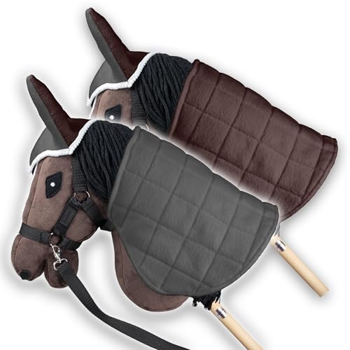 SKIPPI Coperta e Cuffietta per Hobby Horse - Grigio e Marrone, Reversibile Hobby Horse Accessori, Cuffia Bicolore e Coperta Antimosche per Cavallo con Bastone, Hobby Horsing