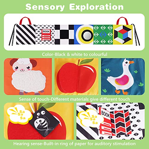 Vicloon Libro Sensoriale, Double Sided Libri Morbidi con 11 Motivi e Specchio, Libro di Stoffa Pieghevole Riutilizzabile, Libro di Stoffa per Bambini, Animali e Lettere, Bianco e Nero, Multicolore - immagine 4