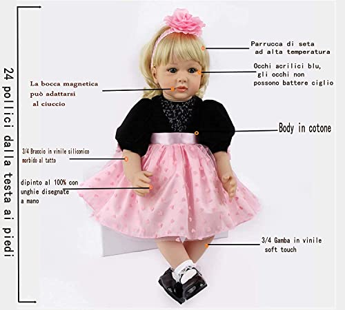 ZIYIUI Bambole Reborn 24 Pollici 60 cm Realistica Morbido Bambole Reborn in Silicone Morbido Bambole Reborn Femmine Giocattolo Regalo Bambole Reborn Toddler Compleanno Regalo Speciale - immagine 3