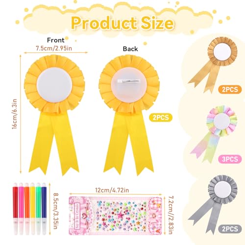 9 Pezzi Rosette per Vincitori, 4 Colori Coccarde Premiazioni, Riutilizzabile Nastri Medaglia, Nastro Premio con Matite Acquerellabili e Adesivi Diamantati per Eventi Sportivi, Festival - immagine 3