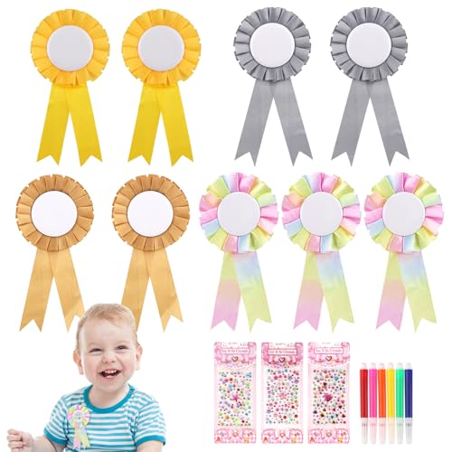 9 Pezzi Rosette per Vincitori, 4 Colori Coccarde Premiazioni, Riutilizzabile Nastri Medaglia, Nastro Premio con Matite Acquerellabili e Adesivi Diamantati per Eventi Sportivi, Festival