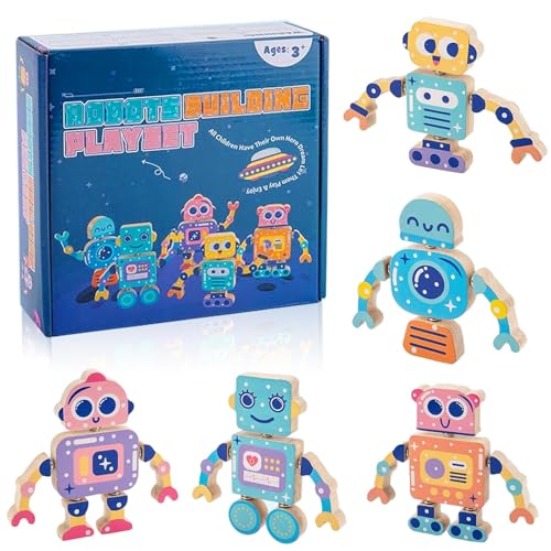 Auirshiky Puzzle Game Robot in Legno 5 Pezzi Blocchi Giochi Montessori Fullware Robot da Montaggio in Legno Fatto A Mano Pratica Giocattolo Educativo Abilità Motorie Attrezzi Giocattolo Bambini