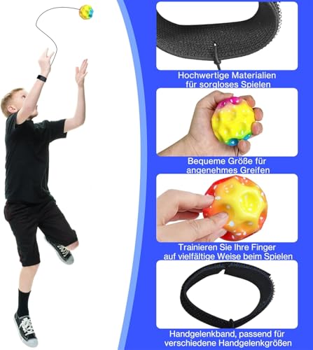 Ball Jump Ball con corda, 8 pezzi, palla antistress, palla di rimbalzo da 6 cm, palla di gomma alta, palla spaziale, palla per bambini, adatta per interni ed esterni, colori casuali - immagine 4