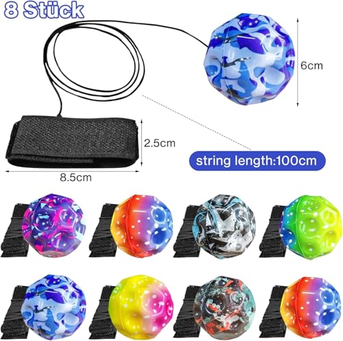 Ball Jump Ball con corda, 8 pezzi, palla antistress, palla di rimbalzo da 6 cm, palla di gomma alta, palla spaziale, palla per bambini, adatta per interni ed esterni, colori casuali - immagine 5