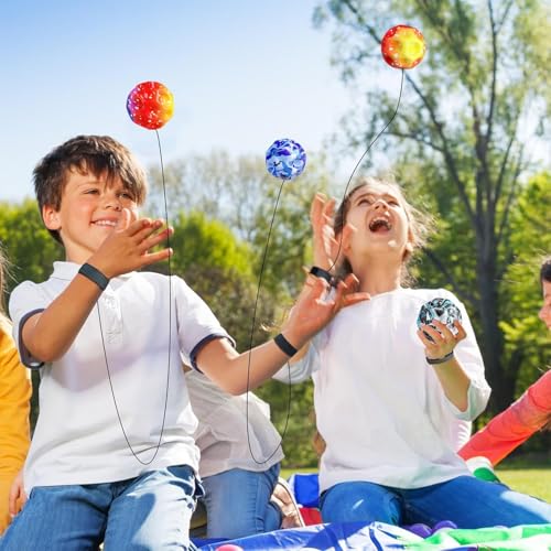Ball Jump Ball con corda, 8 pezzi, palla antistress, palla di rimbalzo da 6 cm, palla di gomma alta, palla spaziale, palla per bambini, adatta per interni ed esterni, colori casuali - immagine 6