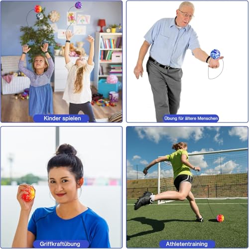 Ball Jump Ball con corda, 8 pezzi, palla antistress, palla di rimbalzo da 6 cm, palla di gomma alta, palla spaziale, palla per bambini, adatta per interni ed esterni, colori casuali - immagine 8