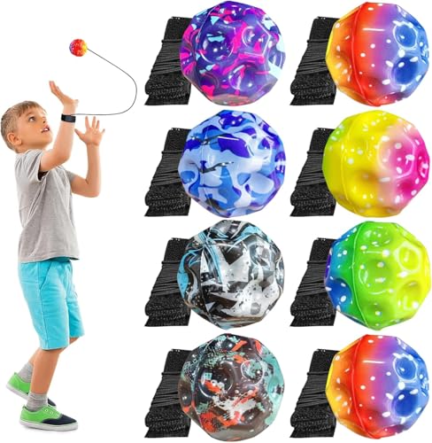 Ball Jump Ball con corda, 8 pezzi, palla antistress, palla di rimbalzo da 6 cm, palla di gomma alta, palla spaziale, palla per bambini, adatta per interni ed esterni, colori casuali