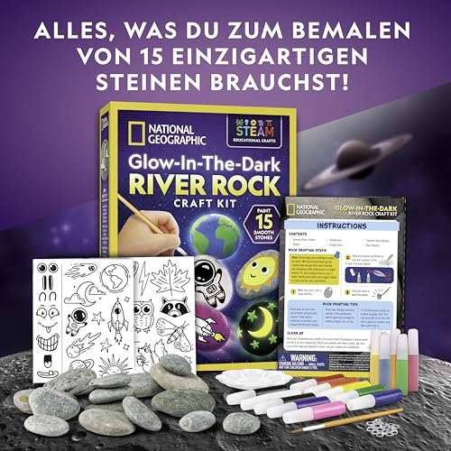 Blue Marble National Geographic Kit di Pittura su Pietre Fosforescente – Kit Creativo per Bambini, Decora 15 Sassi con 15 Colori di Vernice & Altro, attività Artistiche e Manuali - immagine 7