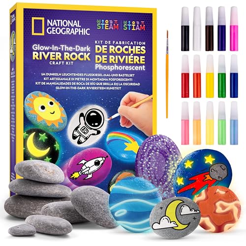 Blue Marble National Geographic Kit di Pittura su Pietre Fosforescente – Kit Creativo per Bambini, Decora 15 Sassi con 15 Colori di Vernice & Altro, attività Artistiche e Manuali