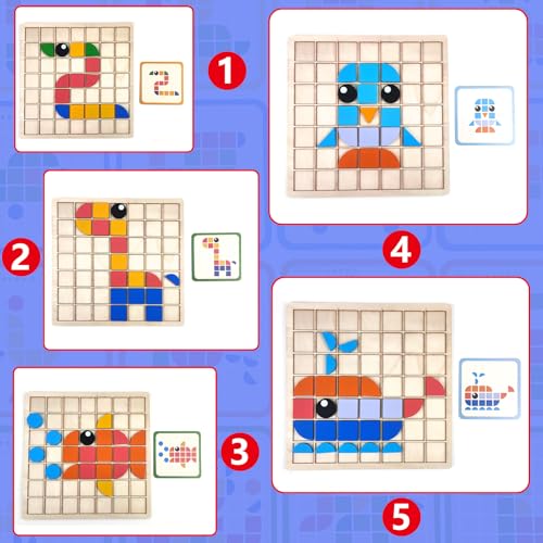 Jastown Tangram Legno, Gioco Mosaico Educativo per Bambini 3-6 Anni, Puzzle Abbinamento Colori e Forme, 140 Pezzi e 20 Carte, Giochi Montessori, Regali Compleanno per Bambini - immagine 4