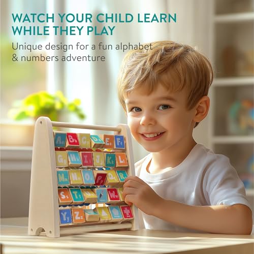 Navaris Abaco Educativo per Bambini - con Alfabeto Inglese Colori Brillanti - Giochi Matematici Scuola Primaria - Pallottoliere Colorato - in Legno Naturale Multicolore - immagine 3