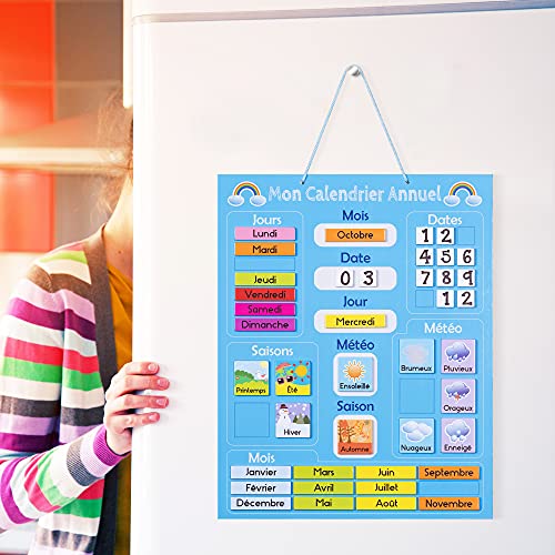 Navaris Calendario Didattico Francese - Tabellone Magnetico Apprendimento Giorni Mesi Stagioni Clima con 41x Calamite - Gioco Educativo Bambini 3 Anni - immagine 3