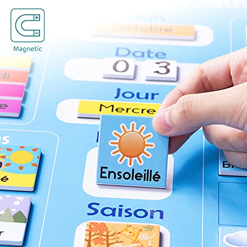 Navaris Calendario Didattico Francese - Tabellone Magnetico Apprendimento Giorni Mesi Stagioni Clima con 41x Calamite - Gioco Educativo Bambini 3 Anni - immagine 4
