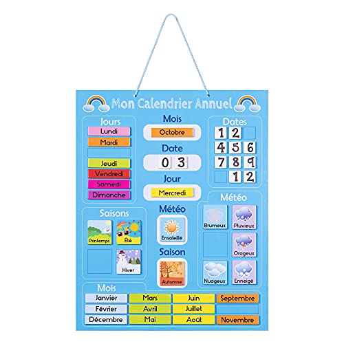 Navaris Calendario Didattico Francese - Tabellone Magnetico Apprendimento Giorni Mesi Stagioni Clima con 41x Calamite - Gioco Educativo Bambini 3 Anni