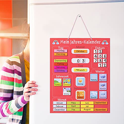 Navaris Calendario per bambini - lavagna educativa per le stagioni - orologio magnetico - orologio educativo - calendario annuale per bambini - magnetico - rosso - tedesco - immagine 3