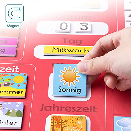 Navaris Calendario per bambini - lavagna educativa per le stagioni - orologio magnetico - orologio educativo - calendario annuale per bambini - magnetico - rosso - tedesco - immagine 4