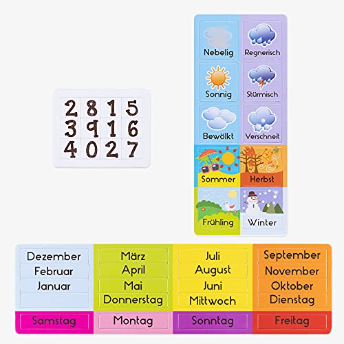 Navaris Calendario per bambini - lavagna educativa per le stagioni - orologio magnetico - orologio educativo - calendario annuale per bambini - magnetico - rosso - tedesco - immagine 5