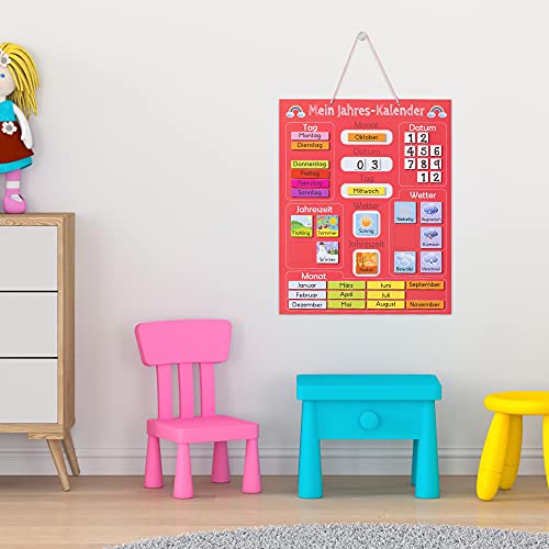 Navaris Calendario per bambini - lavagna educativa per le stagioni - orologio magnetico - orologio educativo - calendario annuale per bambini - magnetico - rosso - tedesco - immagine 6