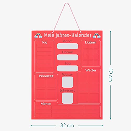 Navaris Calendario per bambini - lavagna educativa per le stagioni - orologio magnetico - orologio educativo - calendario annuale per bambini - magnetico - rosso - tedesco - immagine 7