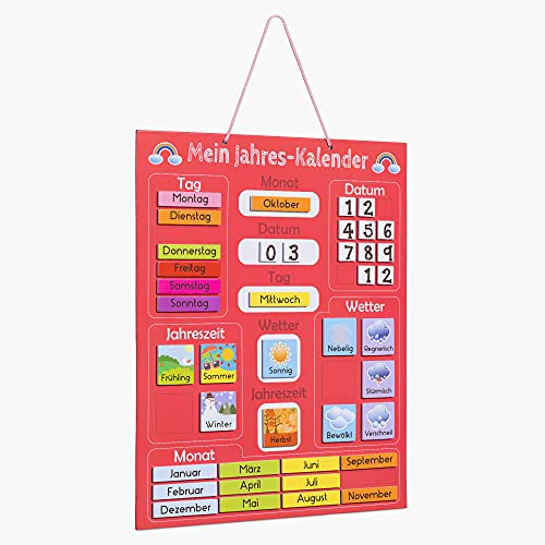 Navaris Calendario per bambini - lavagna educativa per le stagioni - orologio magnetico - orologio educativo - calendario annuale per bambini - magnetico - rosso - tedesco - immagine 8
