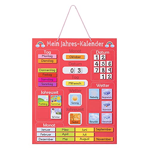 Navaris Calendario per bambini - lavagna educativa per le stagioni - orologio magnetico - orologio educativo - calendario annuale per bambini - magnetico - rosso - tedesco