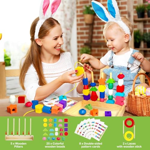 Perline da Infilare Bambini Legno,Giochi da Infilare per Bambini, 2-In-1 Giocattoli Impilabili Und Infilare,Giochi Bambino Forme Colori Geometriche Ordinamento Giocattolo,Giochi Montessori 2 3 4 Anni - immagine 3